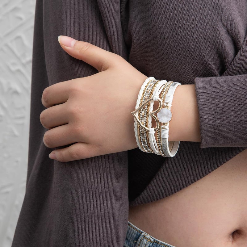 Rantanto Braid Leather Wrap Bracelet Trendy Stackable Crystal Cuff Boho Gold Heart Bracelet Jewelry Gift For Women - Image 4